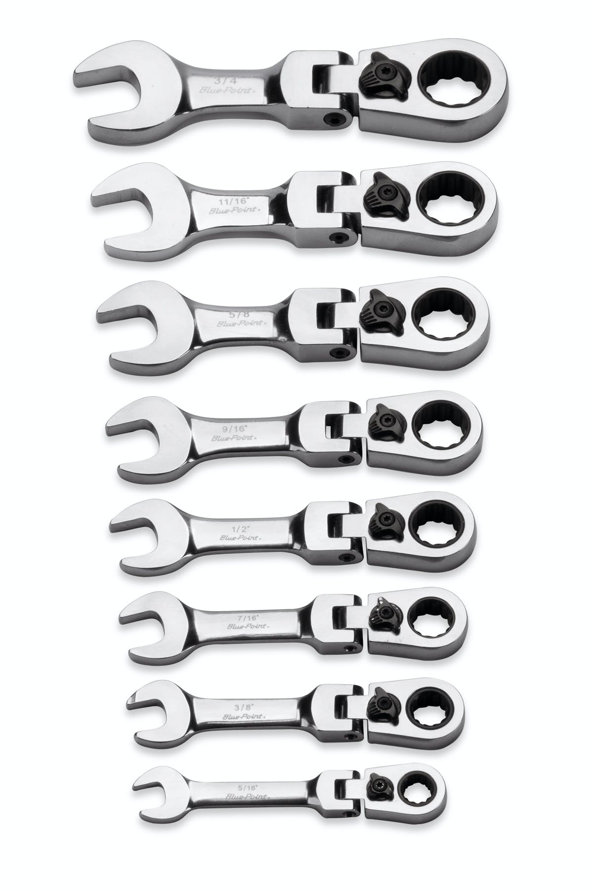 8 pc 12-Point SAE Midget 15° Offset Box Flex-Head Ratcheting Combination Wrench Set (5/16-3/4 8 pc 12-Point SAE Midget 15° Offset Box Flex-Head Ratcheting Combination Wrench Set (5/16-3/4